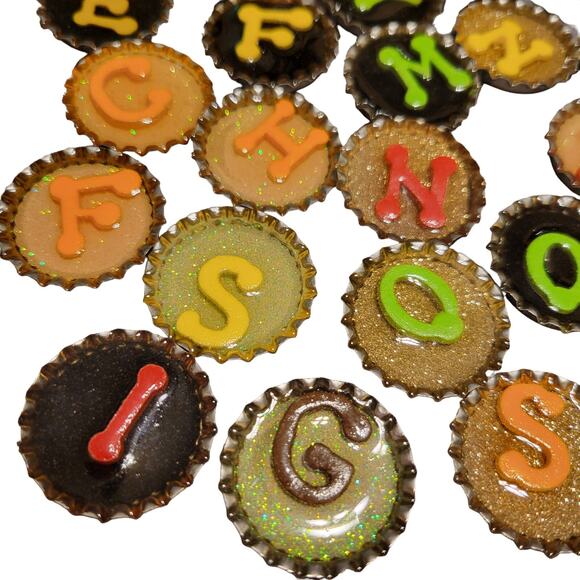 Handmade Alphabet Bottlecap Magnets Set of 34 - Resin, Fridge Decor - Picture 4 of 16